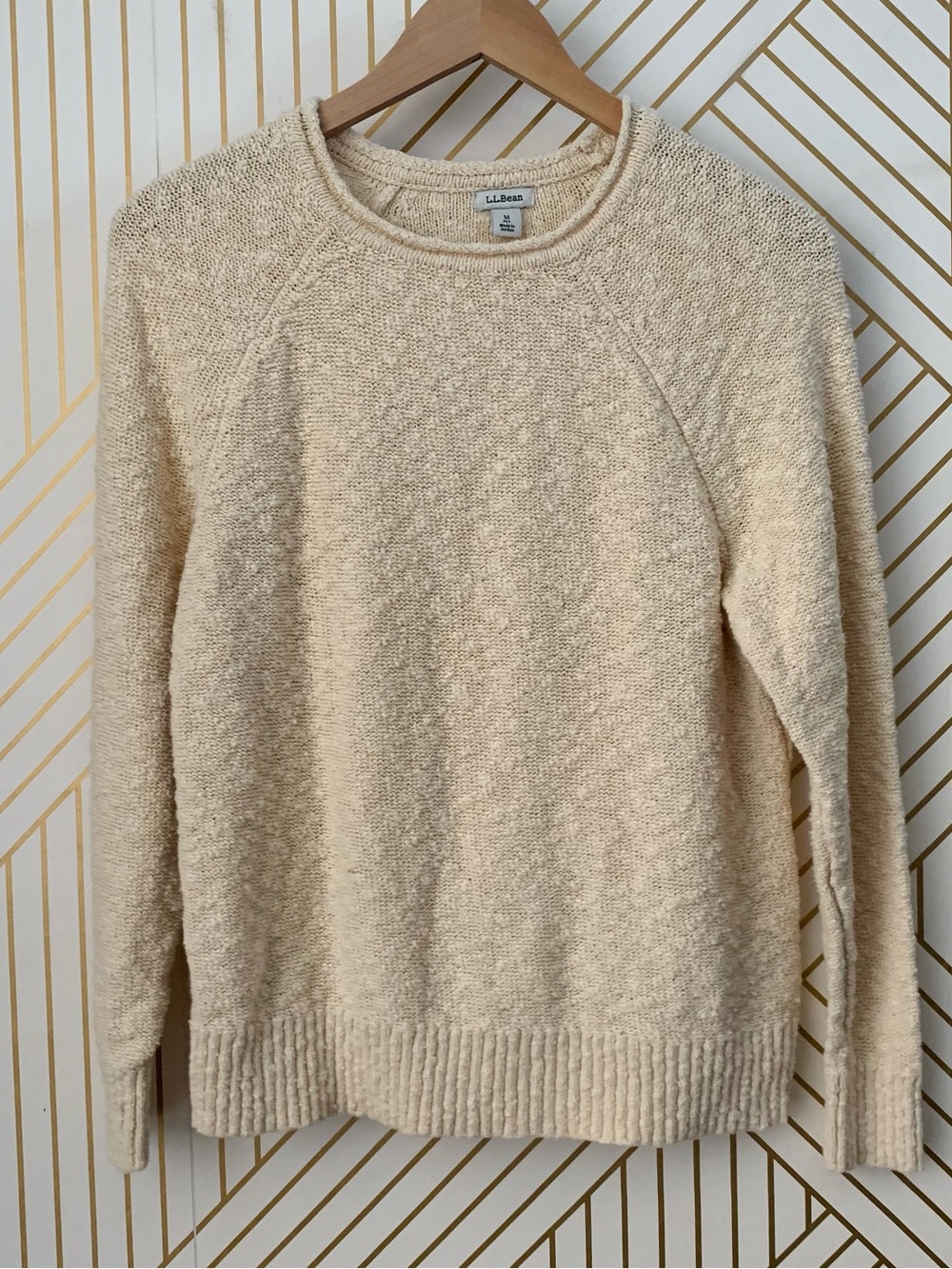 L.L. Bean Roll Neck 100% Cotton Open Knit Pullover Sweater oatmeal M petite